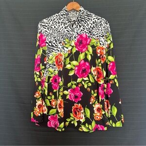 Susan Graver womens mock neck long sleeve black white leopard floral shirt M